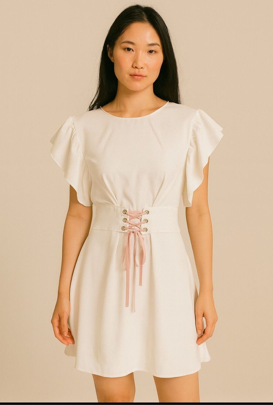 Amanda Uprichard Fairy Ivory Pink Corset Flutter Sleeve Fit Flare Mini Dress L